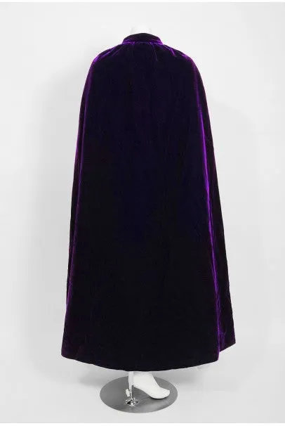 1970 Pierre Balmain Haute-Couture Purple Velvet Graphic Mod Evening Gown & Cape