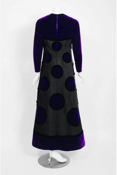 1970 Pierre Balmain Haute-Couture Purple Velvet Graphic Mod Evening Gown & Cape