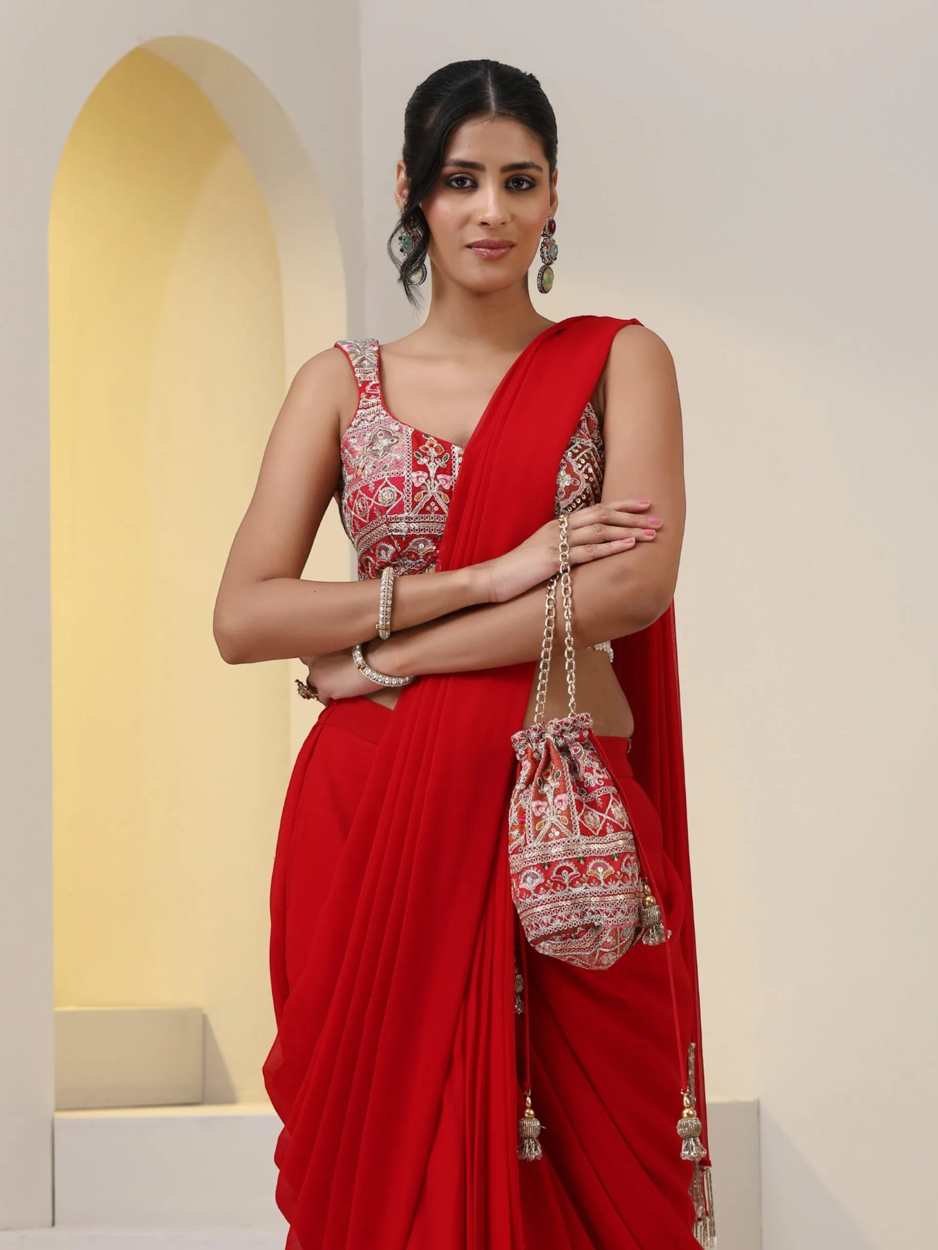 2 pc SET - All Fired Up Georgette Red Skirt Saree With Embroidered Blouse with Lace Edges