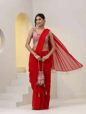 2 pc SET - All Fired Up Georgette Red Skirt Saree With Embroidered Blouse with Lace Edges