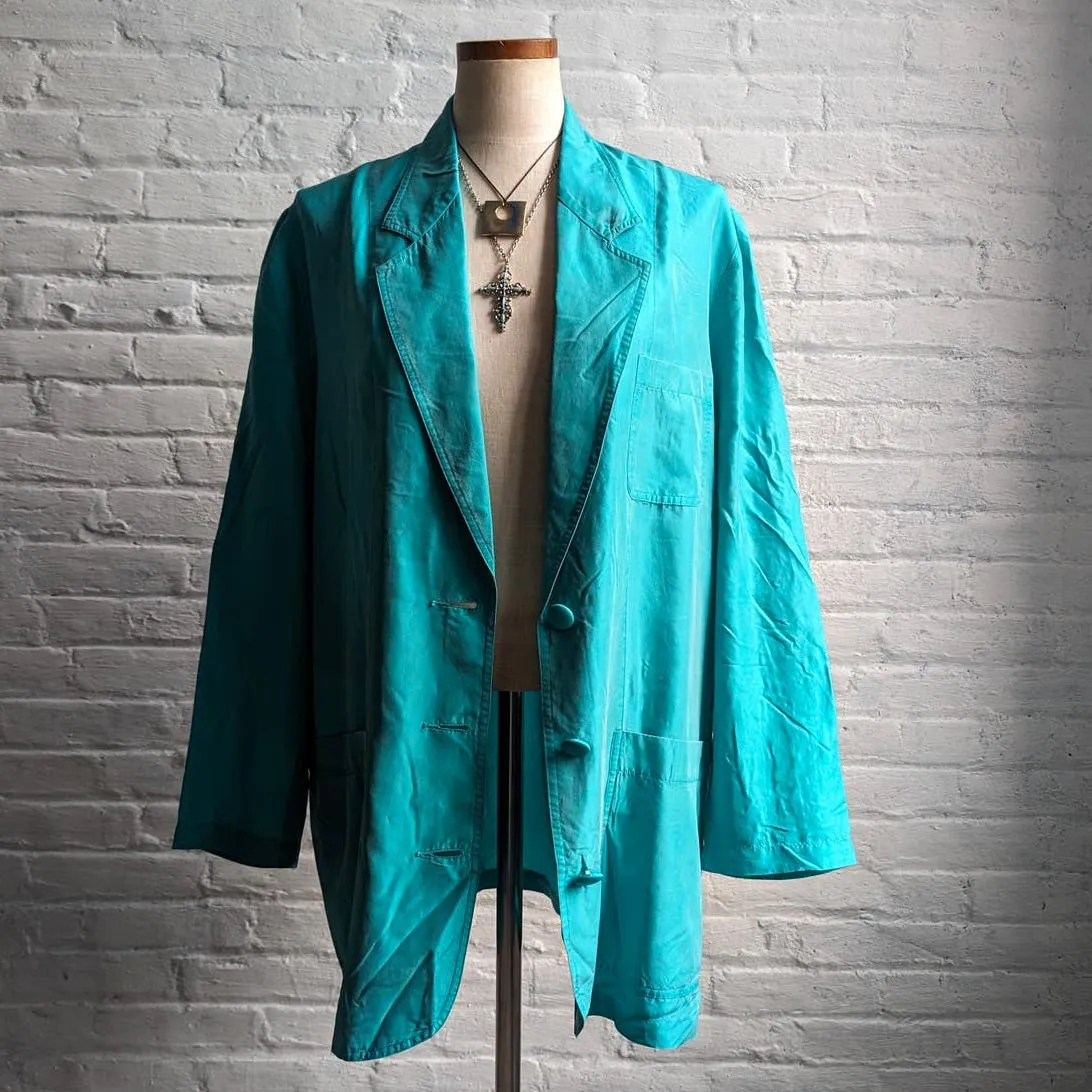 90s Vintage Blue Silk Romance Minimalist Duster Distressed Grunge Jacket Robe