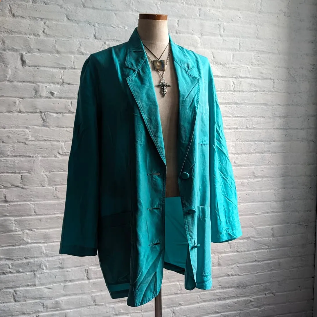 90s Vintage Blue Silk Romance Minimalist Duster Distressed Grunge Jacket Robe