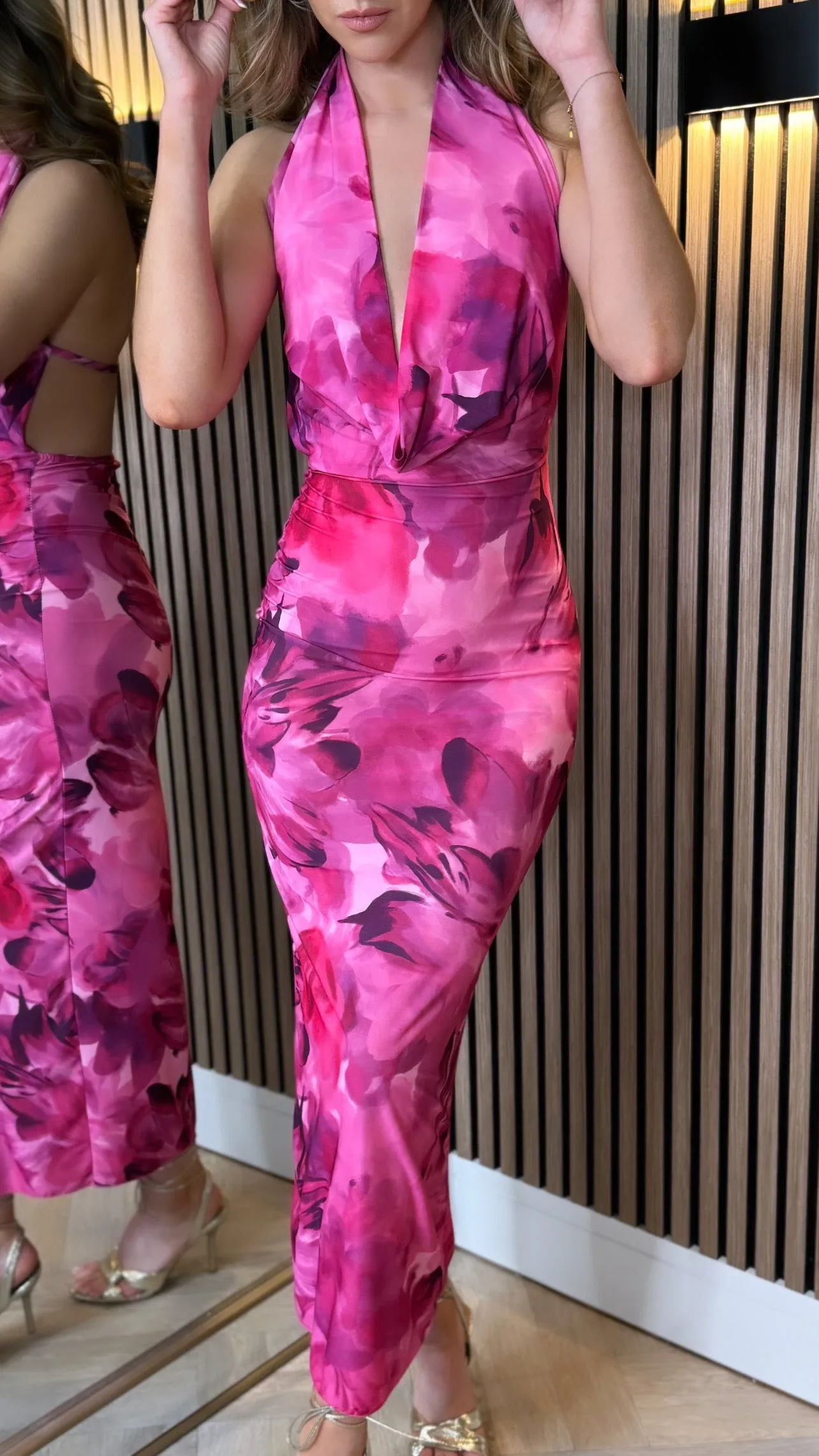 Adelade Fuchsia Floral Print Halterneck Midi Dress