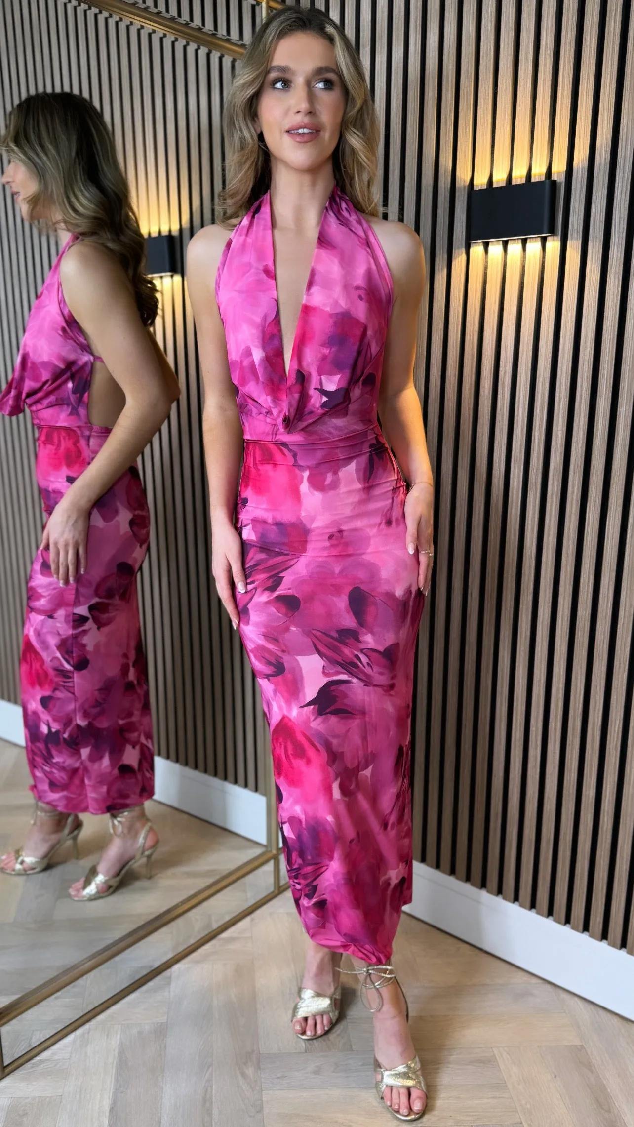 Adelade Fuchsia Floral Print Halterneck Midi Dress