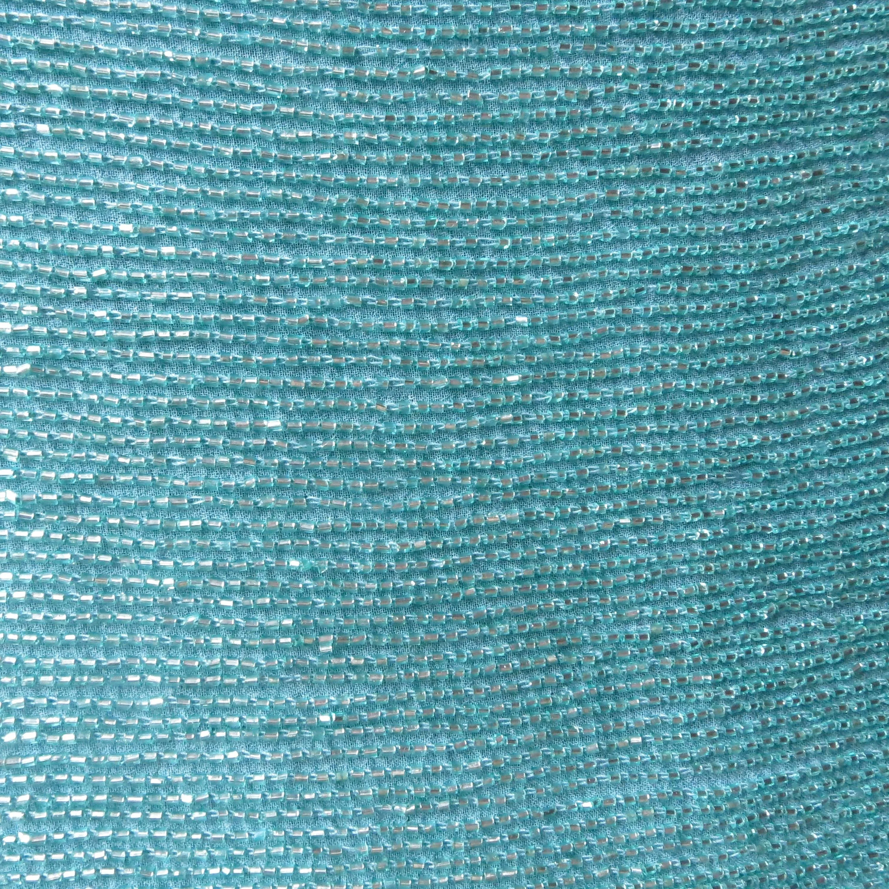 Aqua Bugle Bead On Silk Georgette Ground Fabric