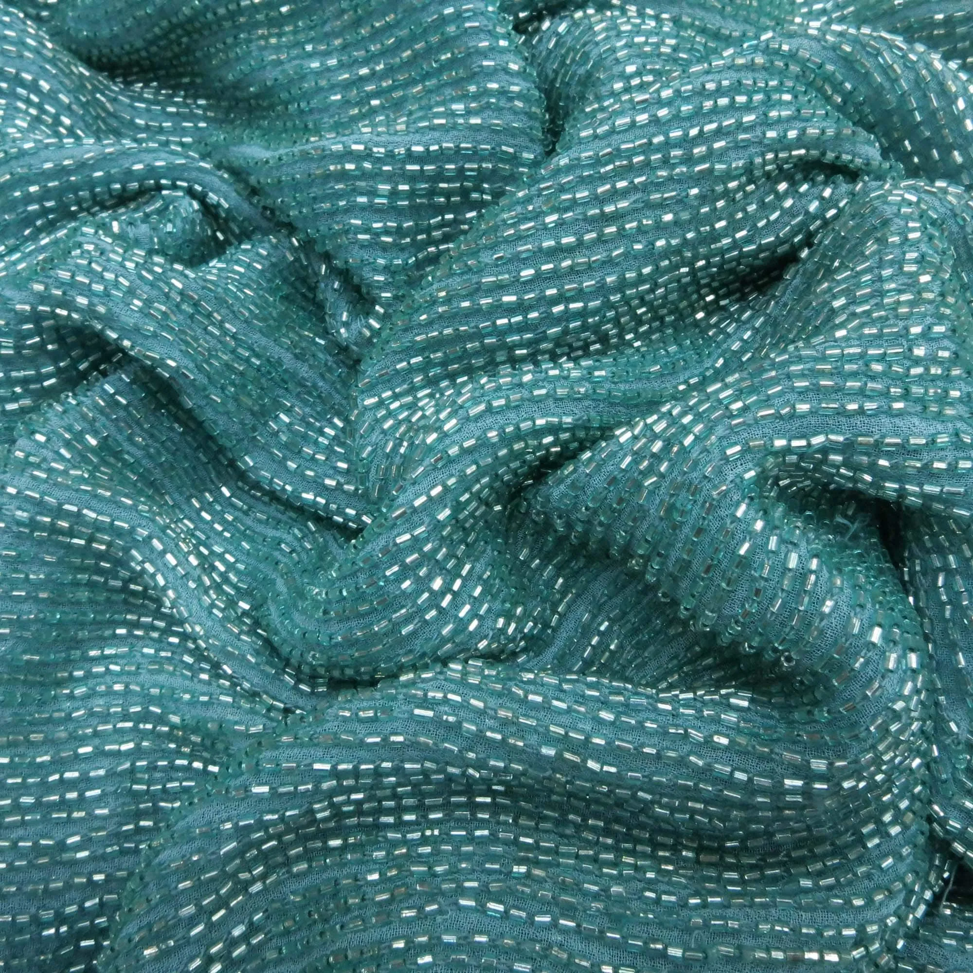 Aqua Bugle Bead On Silk Georgette Ground Fabric