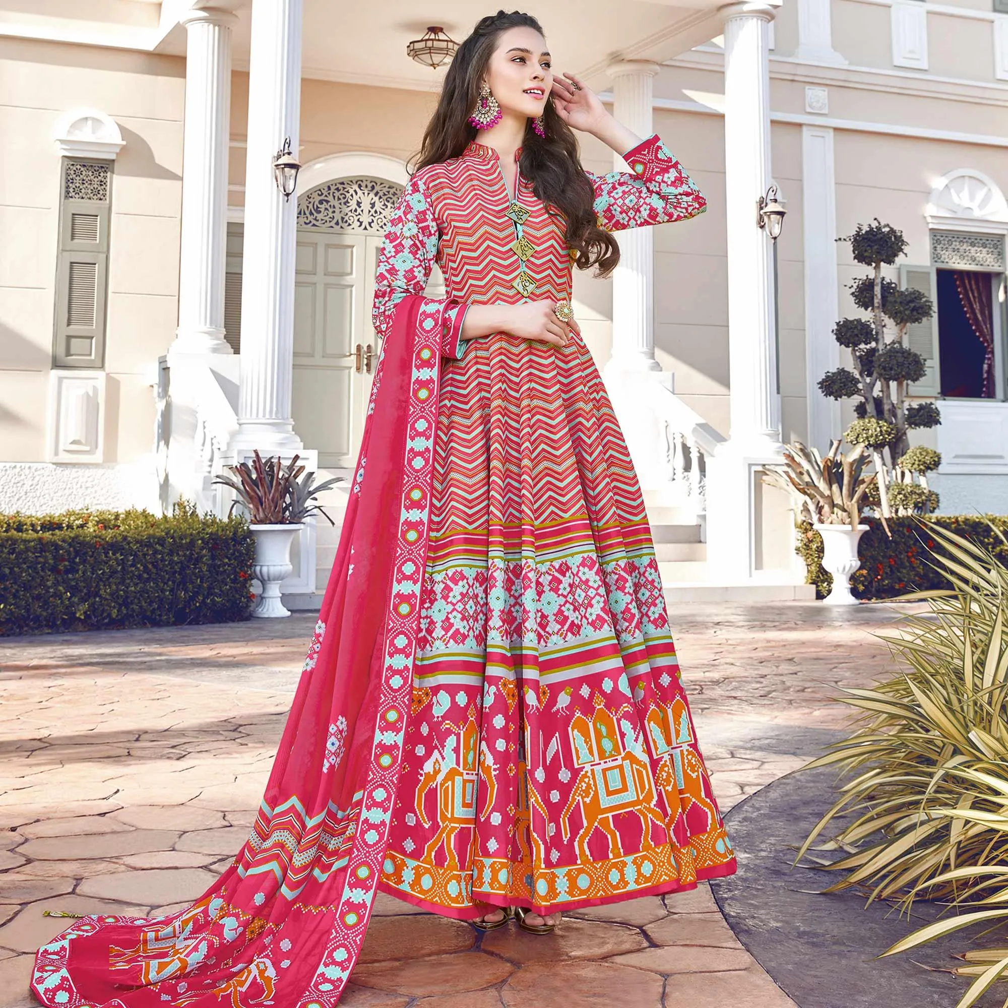 Arresting Pink Colored Partywear Designer Digital Patola Print Killer Silk Anarkali Suit