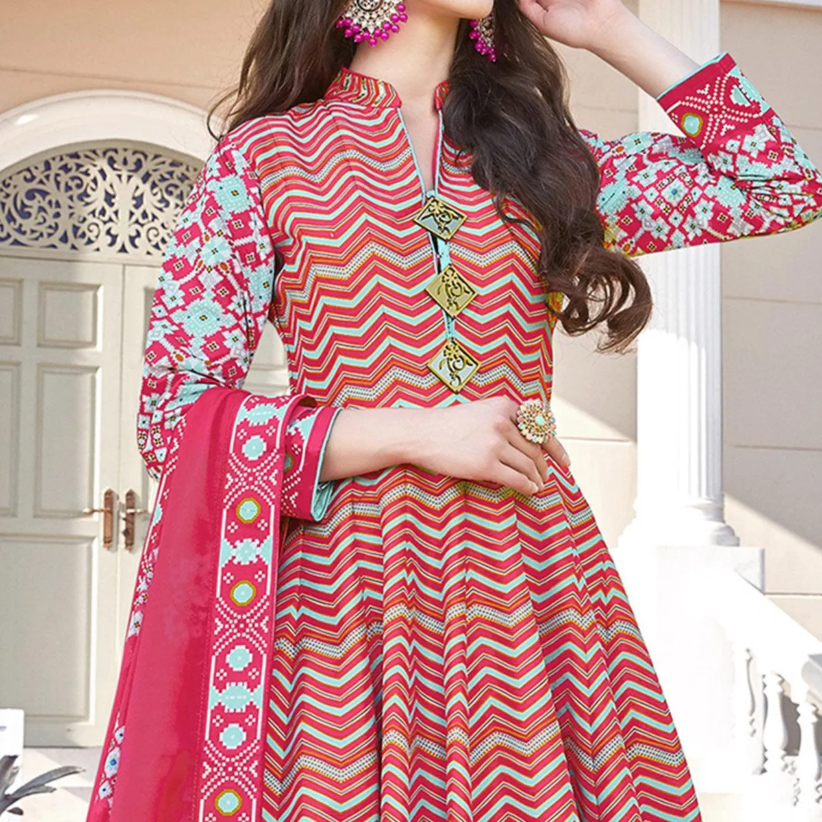 Arresting Pink Colored Partywear Designer Digital Patola Print Killer Silk Anarkali Suit