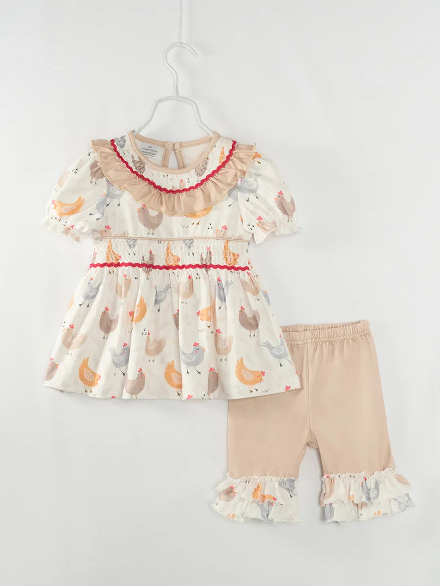 Beige Chicken Ruffle Smocked Girl Short Set