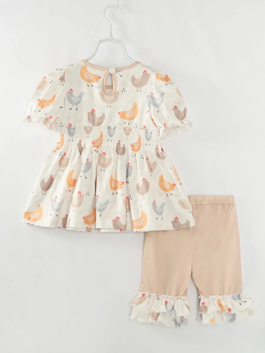 Beige Chicken Ruffle Smocked Girl Short Set