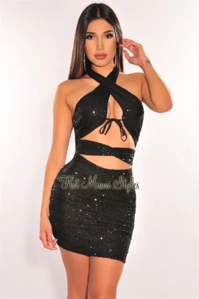 Black Sequins Halter CrissCross Cut Out Ruched Dress