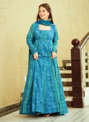 Blue Chic Chinon Maxi Attire with Heavy Digital Print and Anarkali Flare