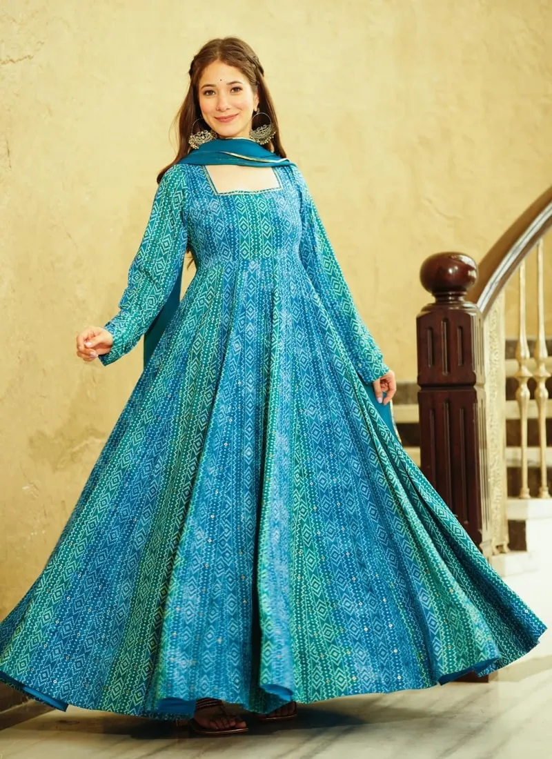 Blue Chic Chinon Maxi Attire with Heavy Digital Print and Anarkali Flare