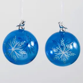 Blue Etched Snowflake and Leaf  Glass Ornament with Bird