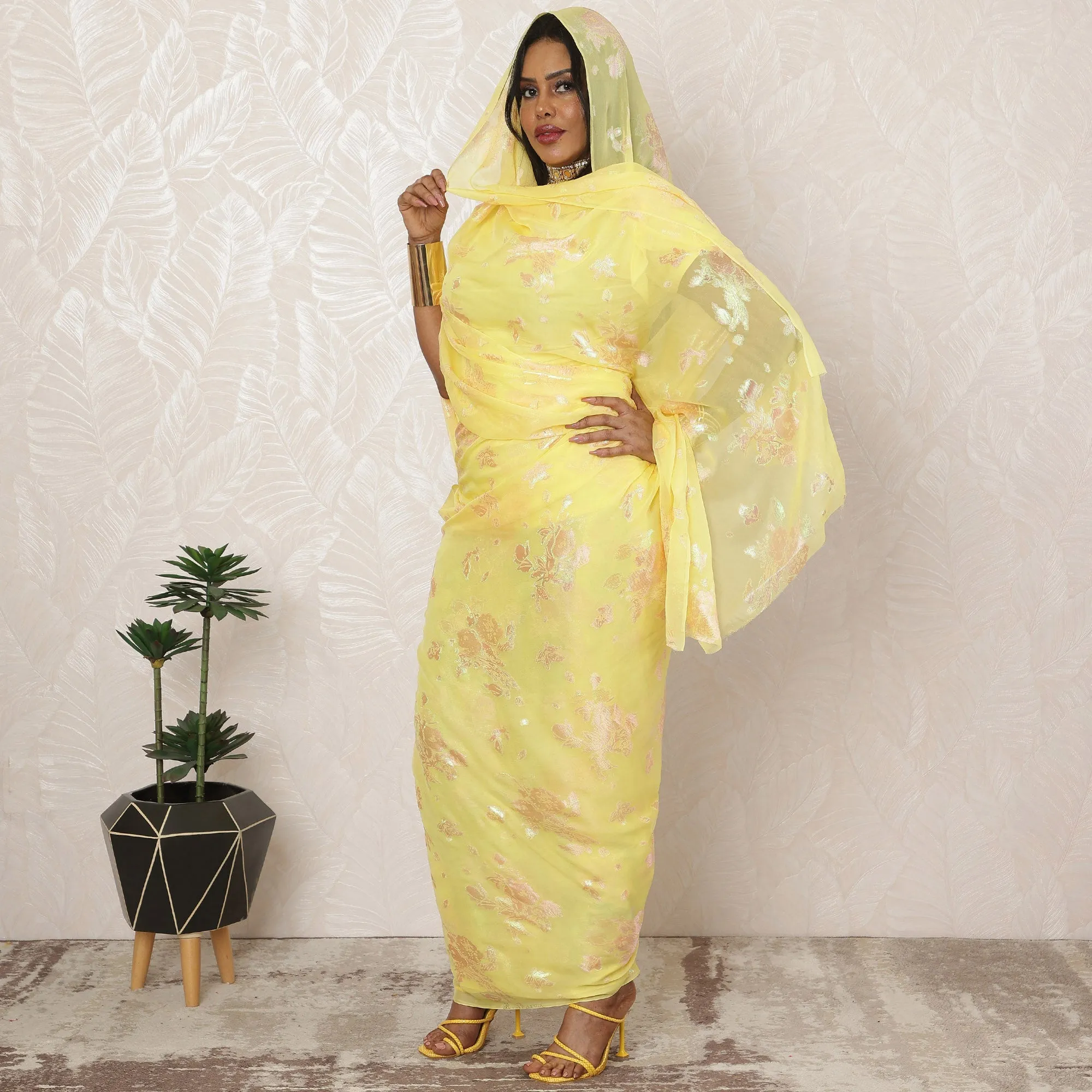 Bright Yellow Sudanese Thobe Fabric in Silk Chiffon with Metallic Lurex, 4.5 Meters, 110 cm Width-D20358