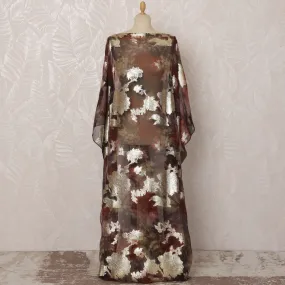 Brown and Silver Floral Silk Chiffon Dirac Fabric with Metallic Lurex, 3.5 Meters, 140 cm Width-D20804