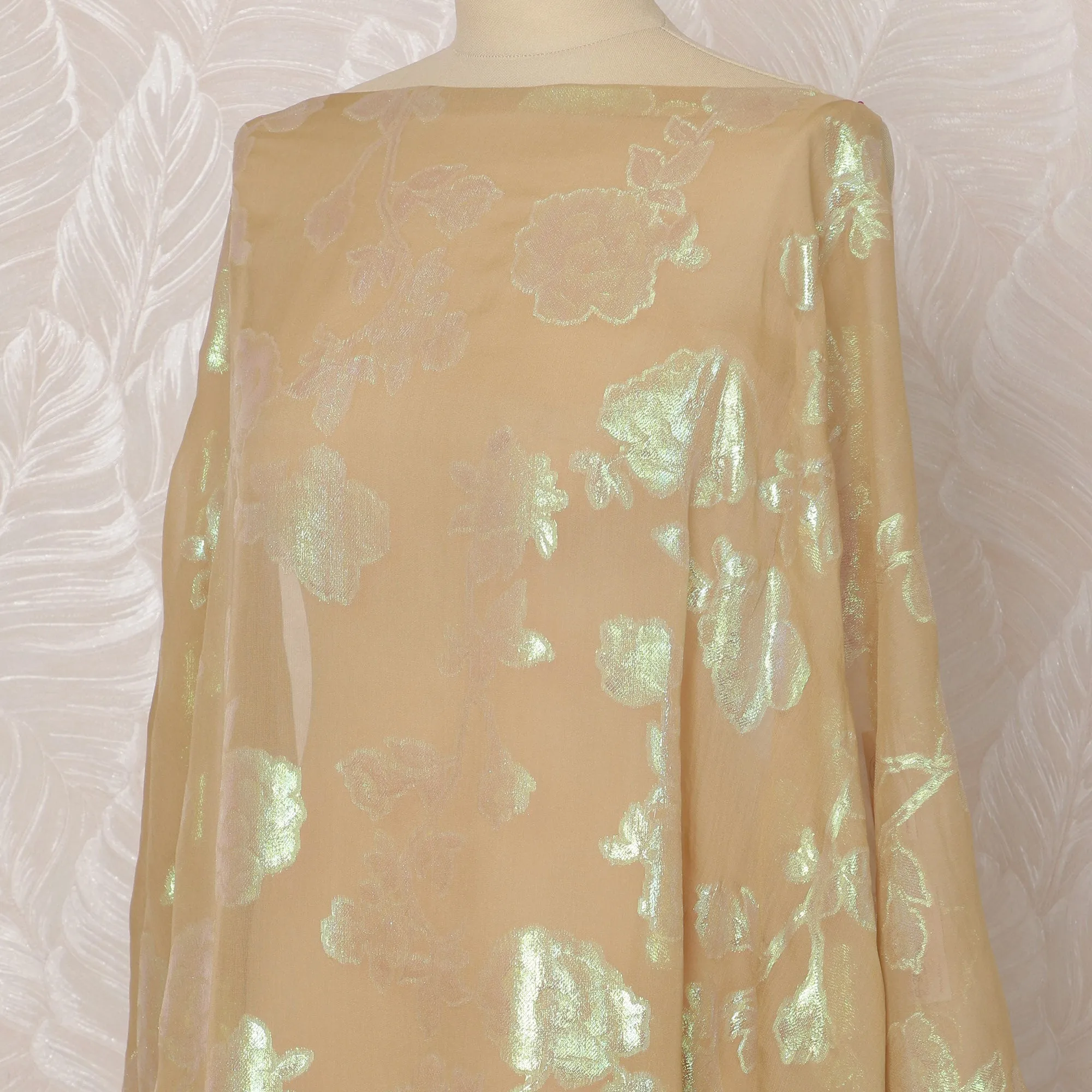 Champagne and Mint Green Floral Silk Chiffon Dirac Fabric with Metallic Lurex, 3.5 Meters, 140 cm Width-D20801