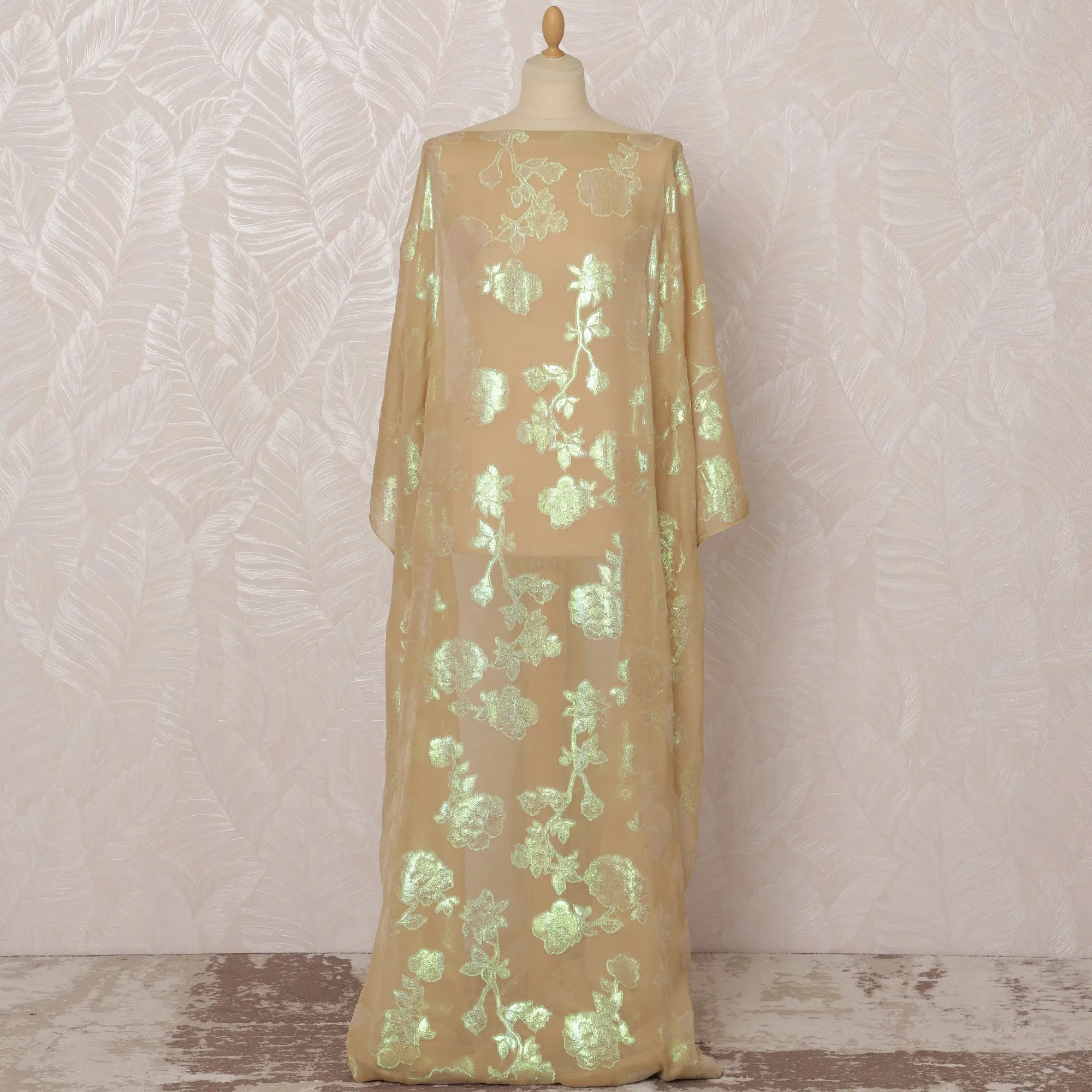 Champagne and Mint Green Floral Silk Chiffon Dirac Fabric with Metallic Lurex, 3.5 Meters, 140 cm Width-D20801