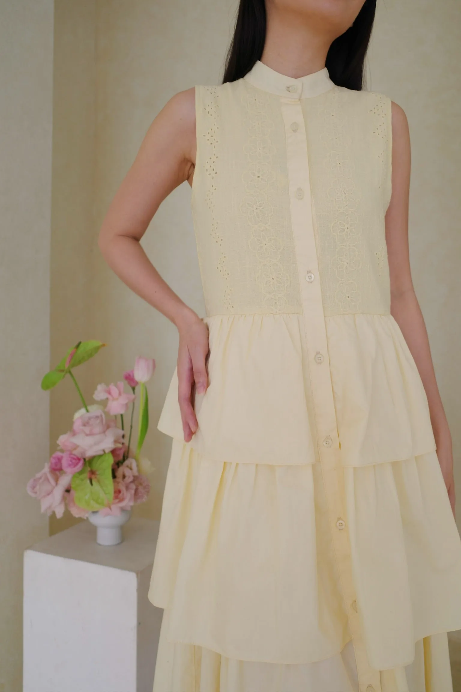 Claire Embroidery Tiered Dress In Butter Yellow