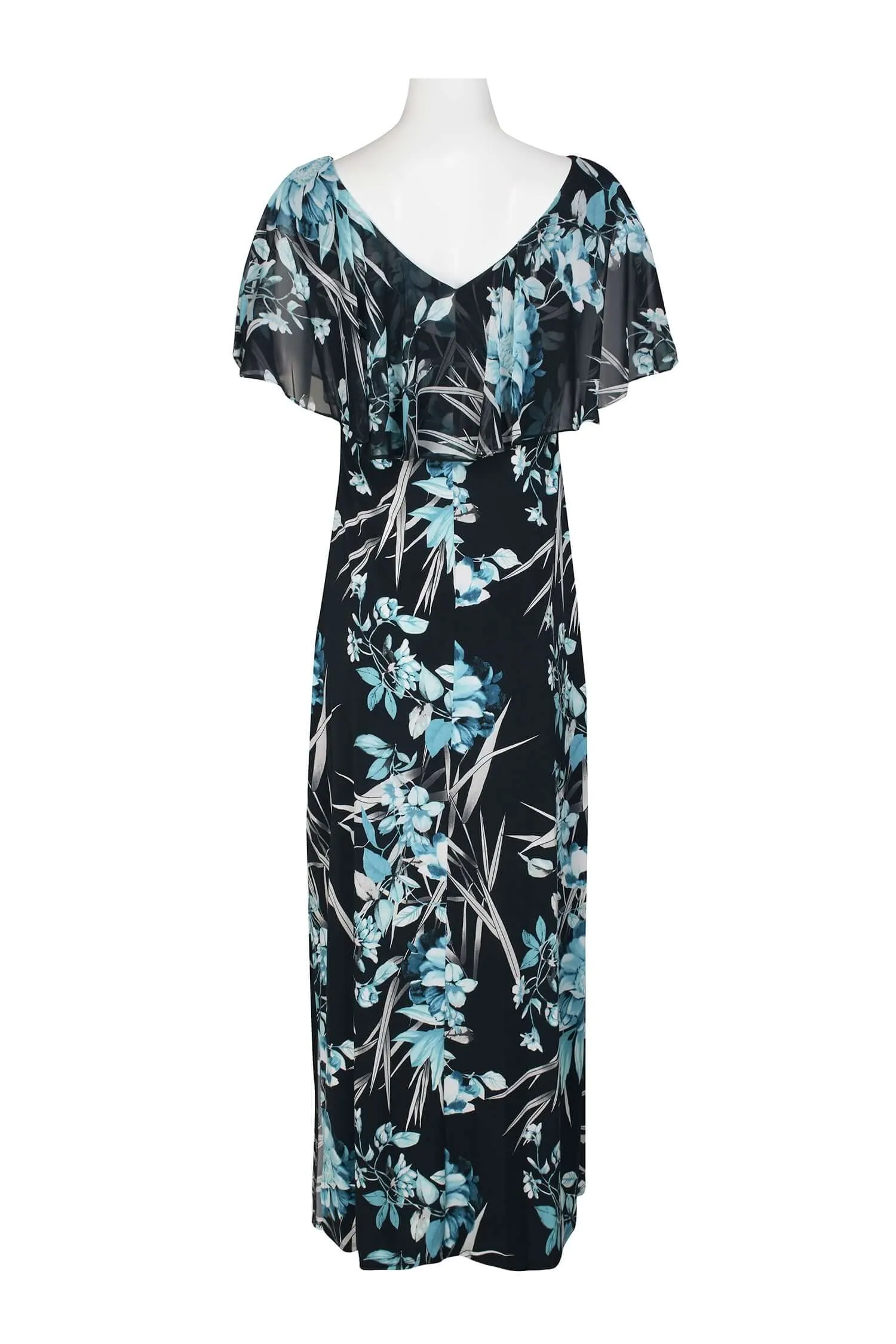 Connected Apparel V-Neck Sleeveless Capelet Floral Print Gathered Side Slit Side Jersey Maxi