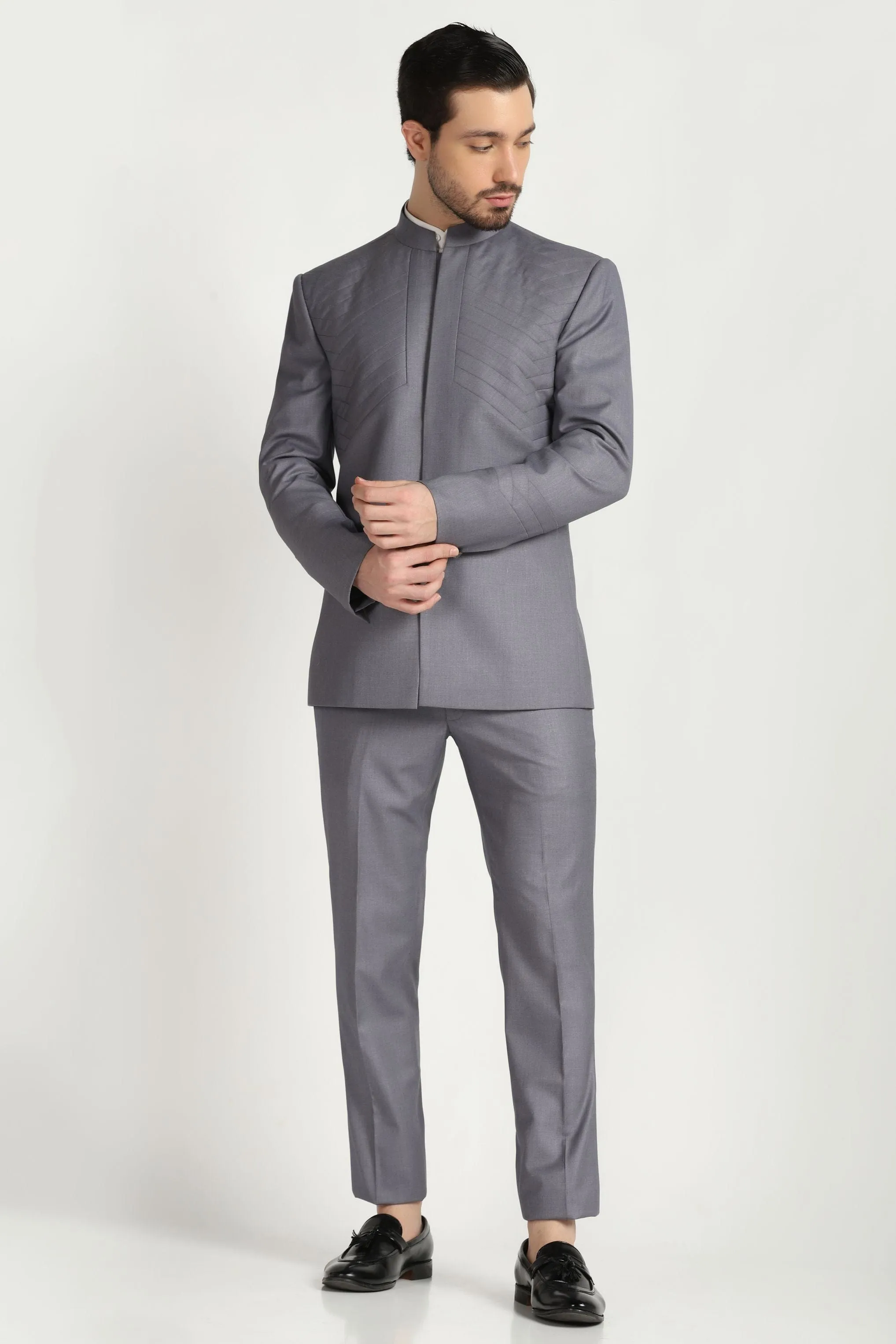 Contemporary Class: Grey Pleated Bandhgala Suit