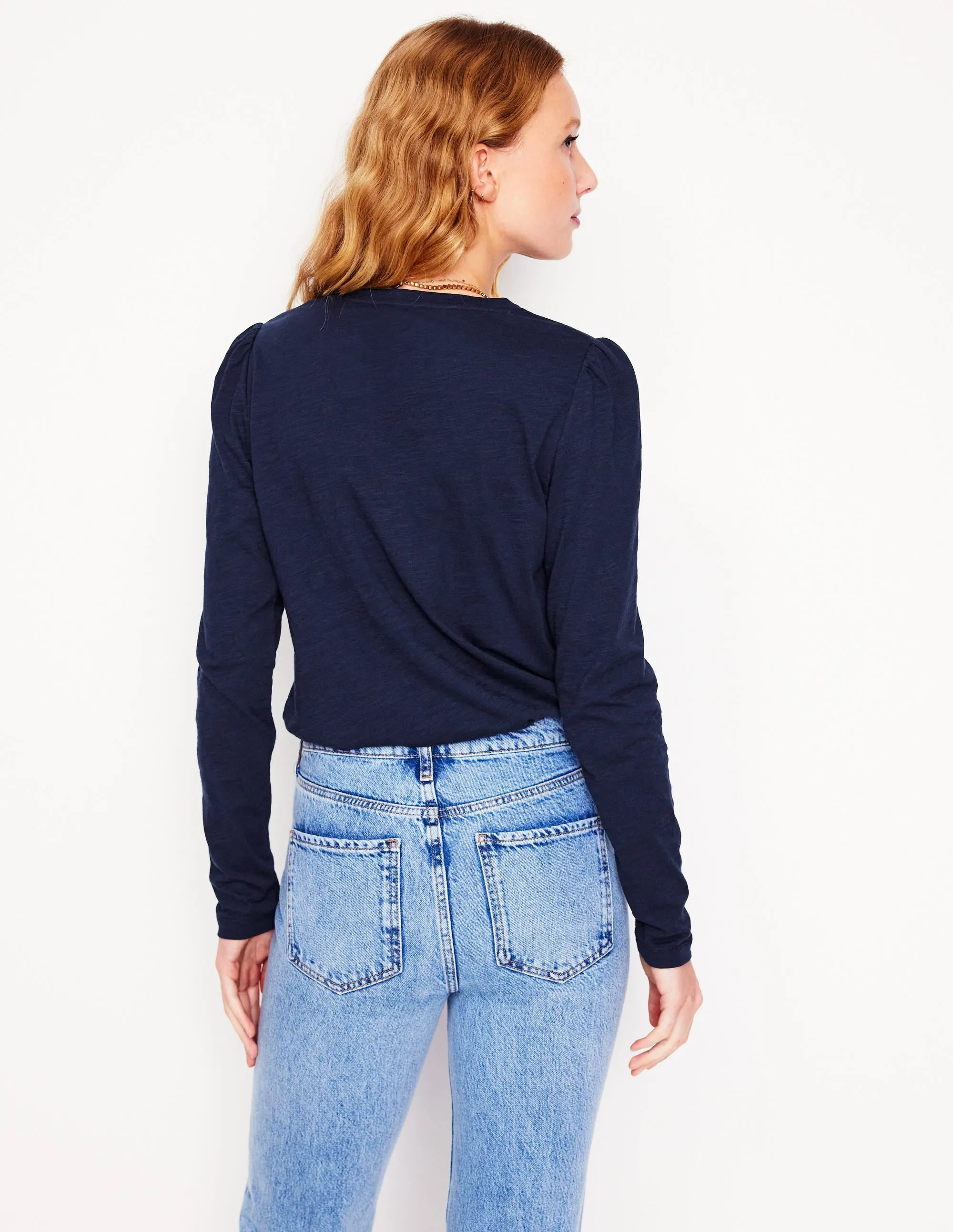 Cotton Crew Long Sleeve Top-Navy