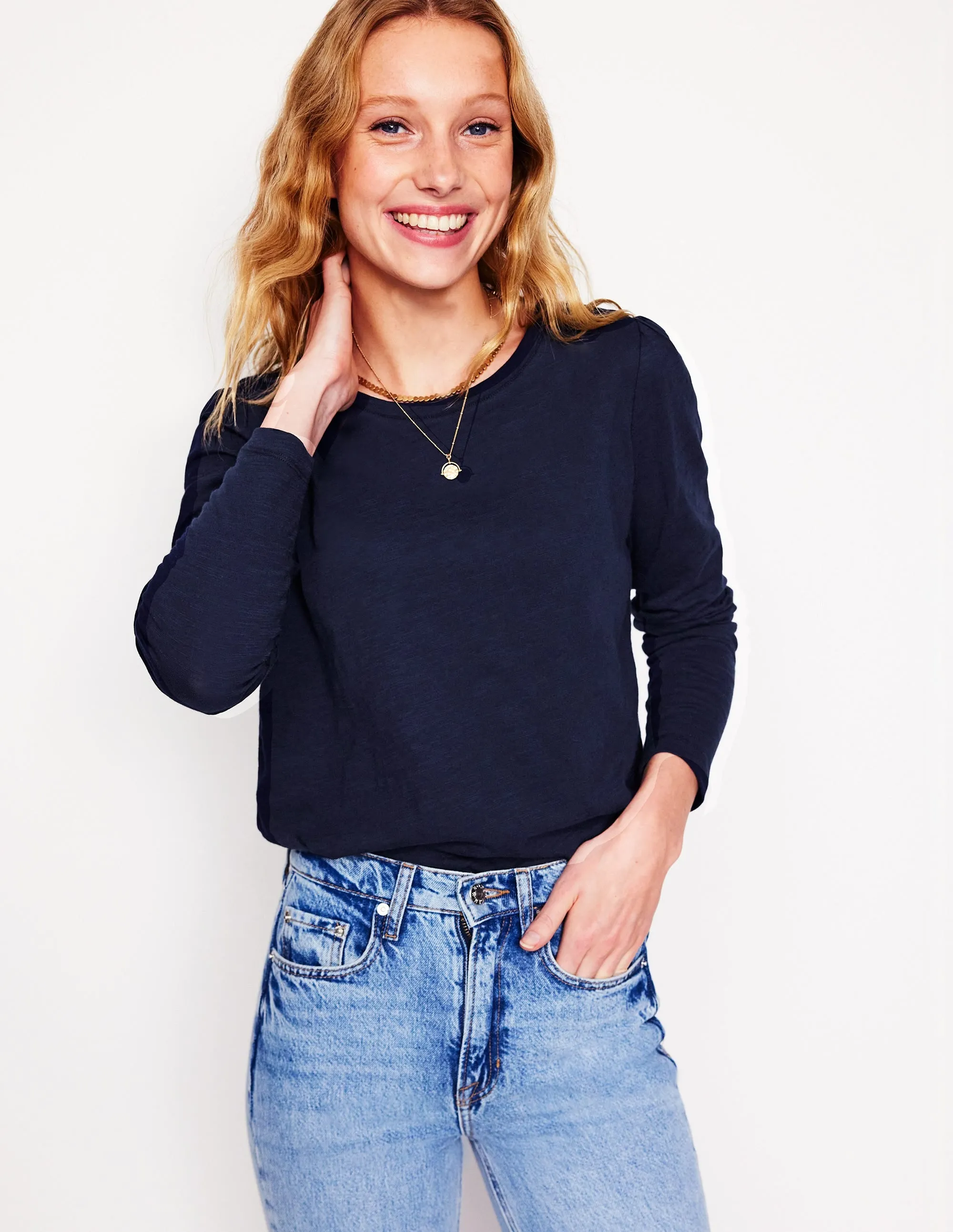 Cotton Crew Long Sleeve Top-Navy