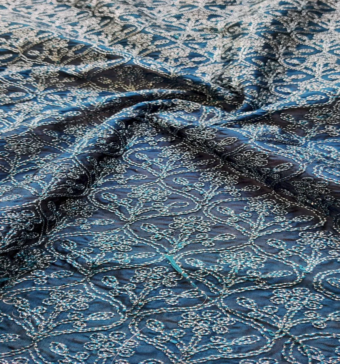 Dark Teal Blue Traditional Dori Work Georgette Fabric