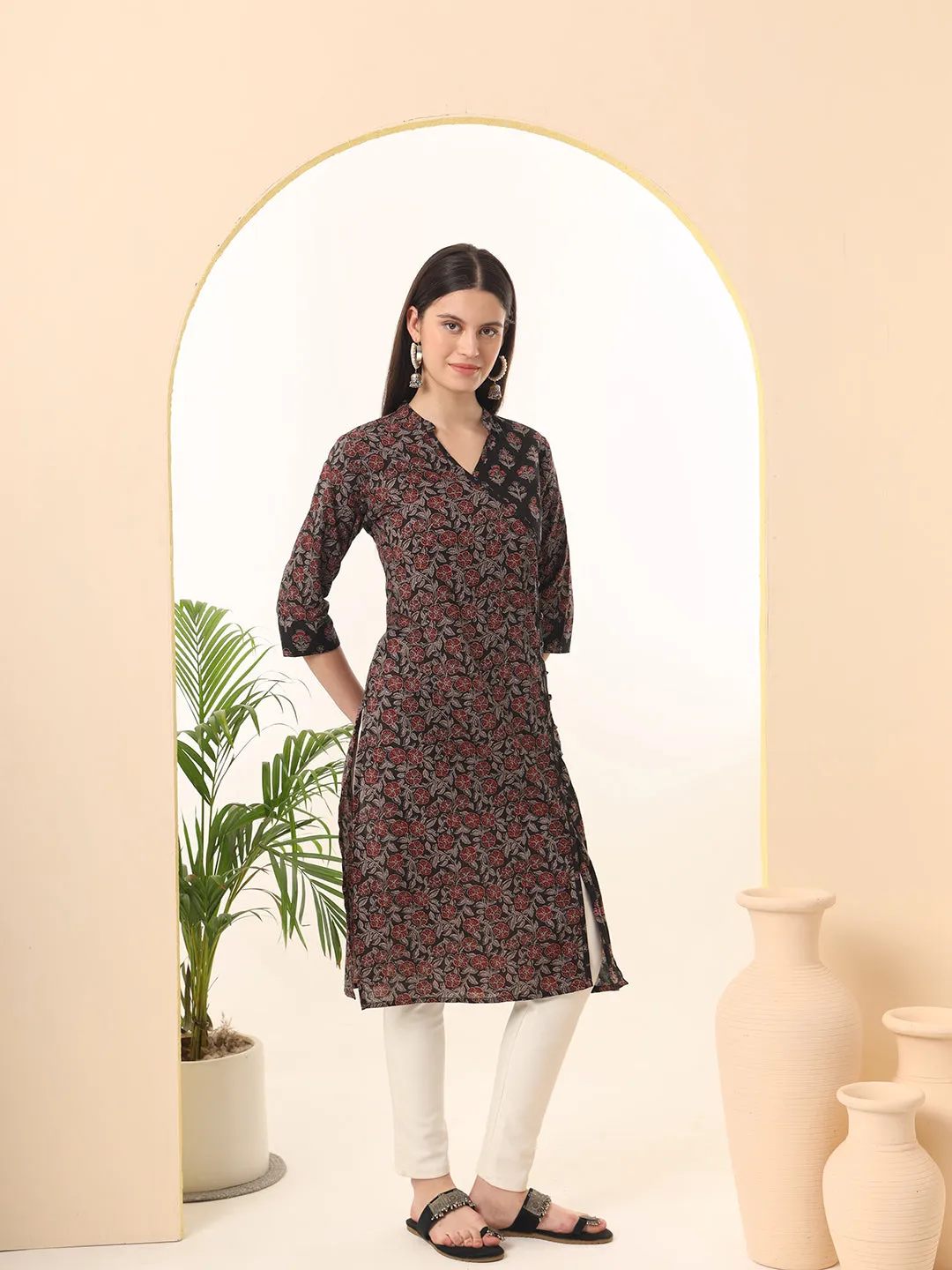 Ekisha women's cotton black floral printed angrakha kurta kurti