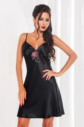 Elegant Black Satin Nightgown with Romantic Floral Accents