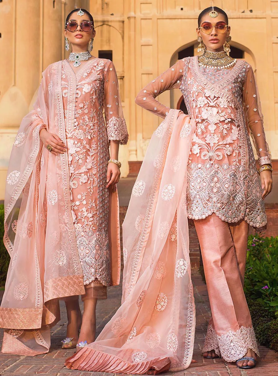 Elegant Pakistani designer net embroidered dress in pink color # P2340