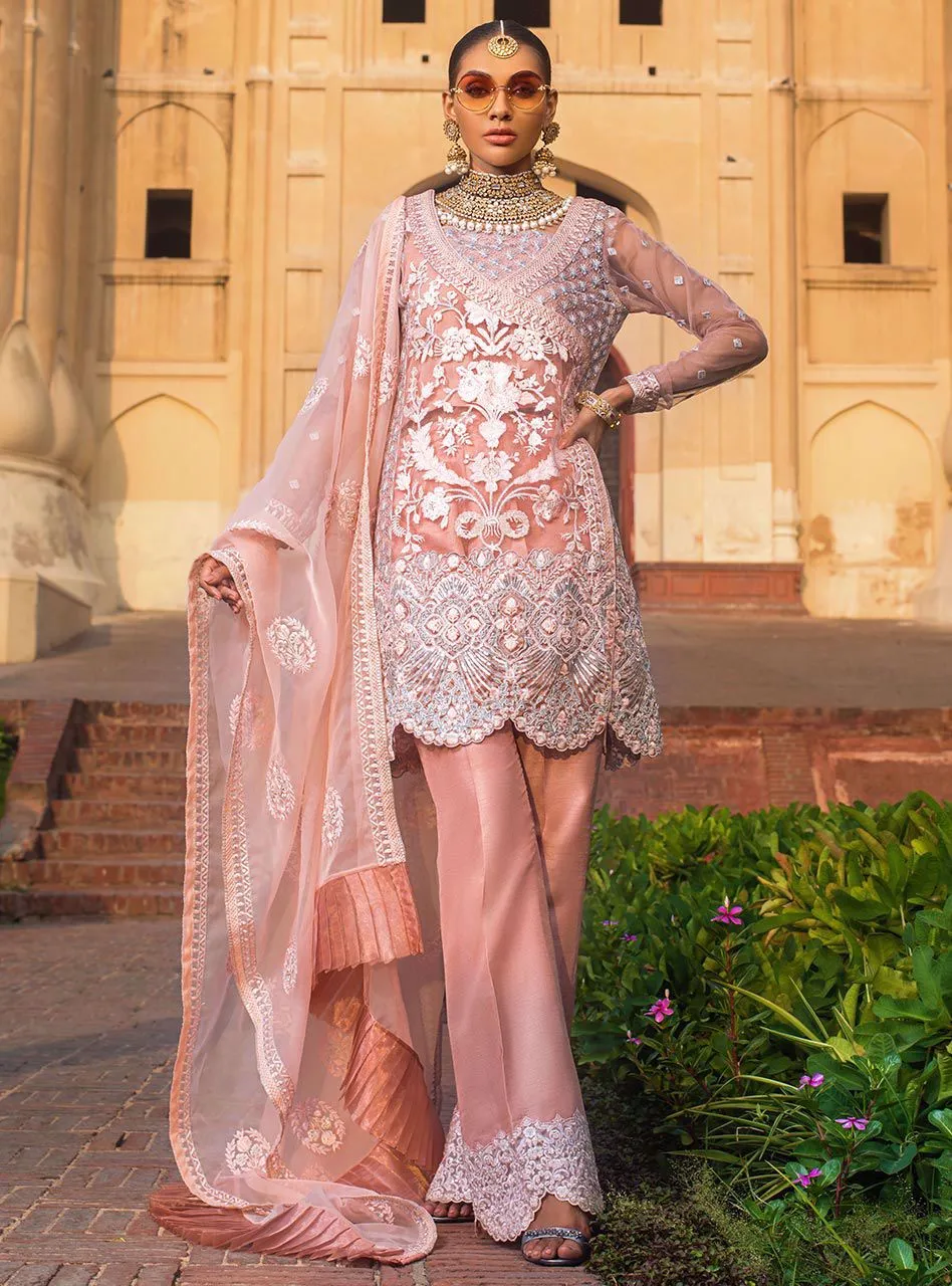 Elegant Pakistani designer net embroidered dress in pink color # P2340