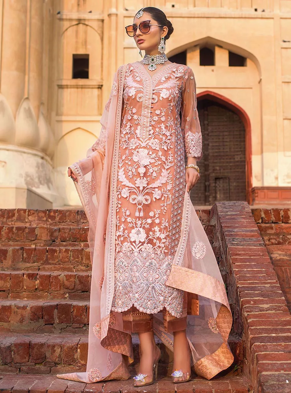 Elegant Pakistani designer net embroidered dress in pink color # P2340