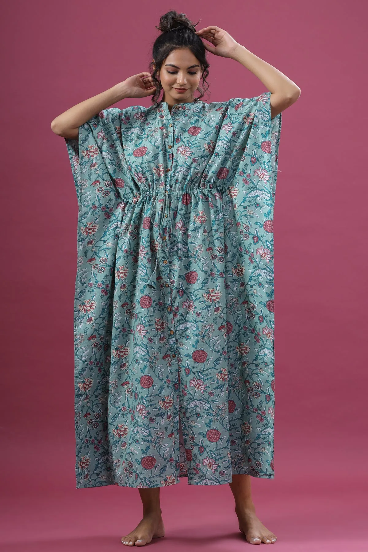 Floral Jaal on Sea Green Front Buttoned Kaftan