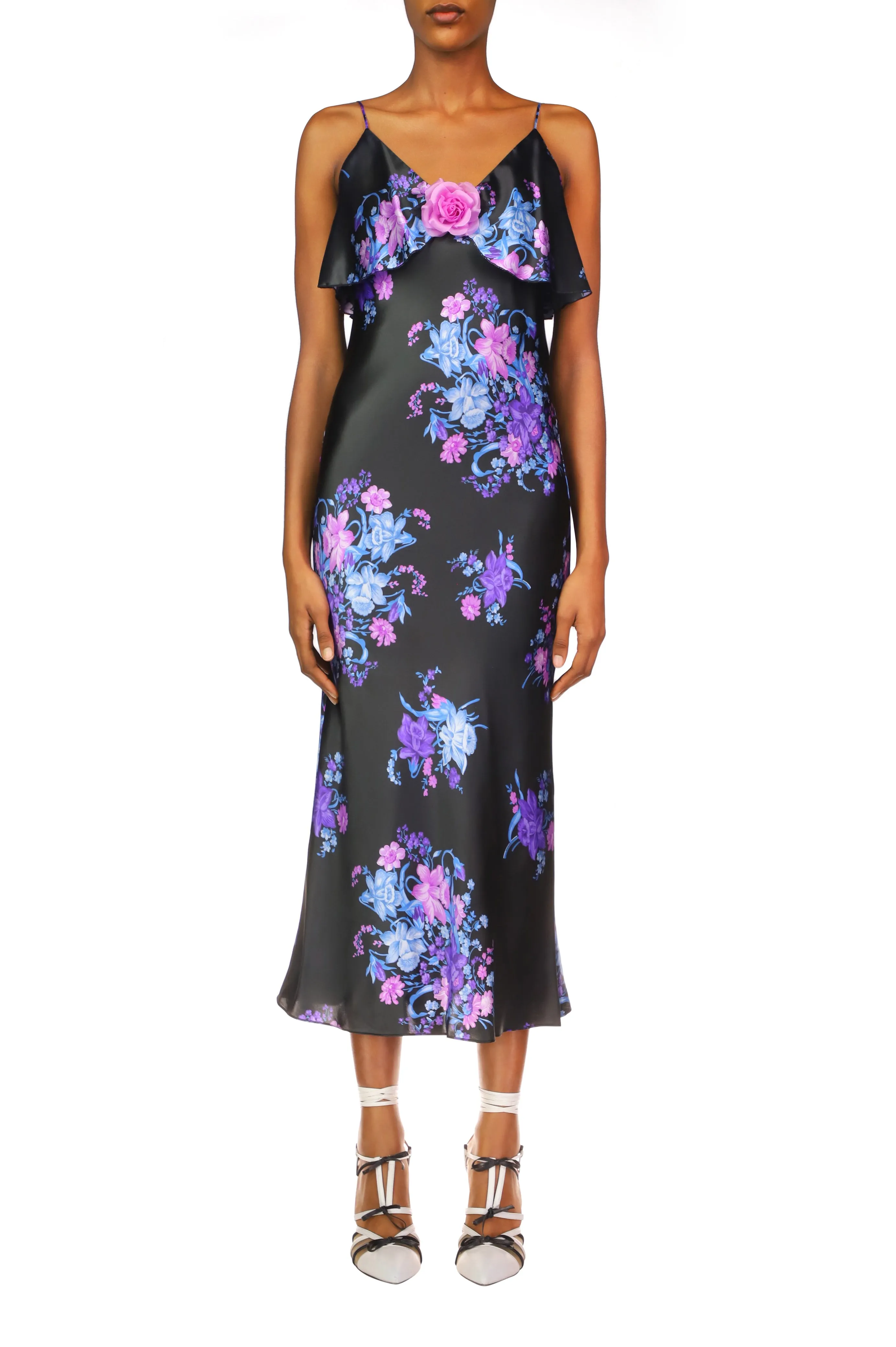 Floral Printed Satin Charmeuse Bias Slip Dress With Ruffle And Silk Flower Detail