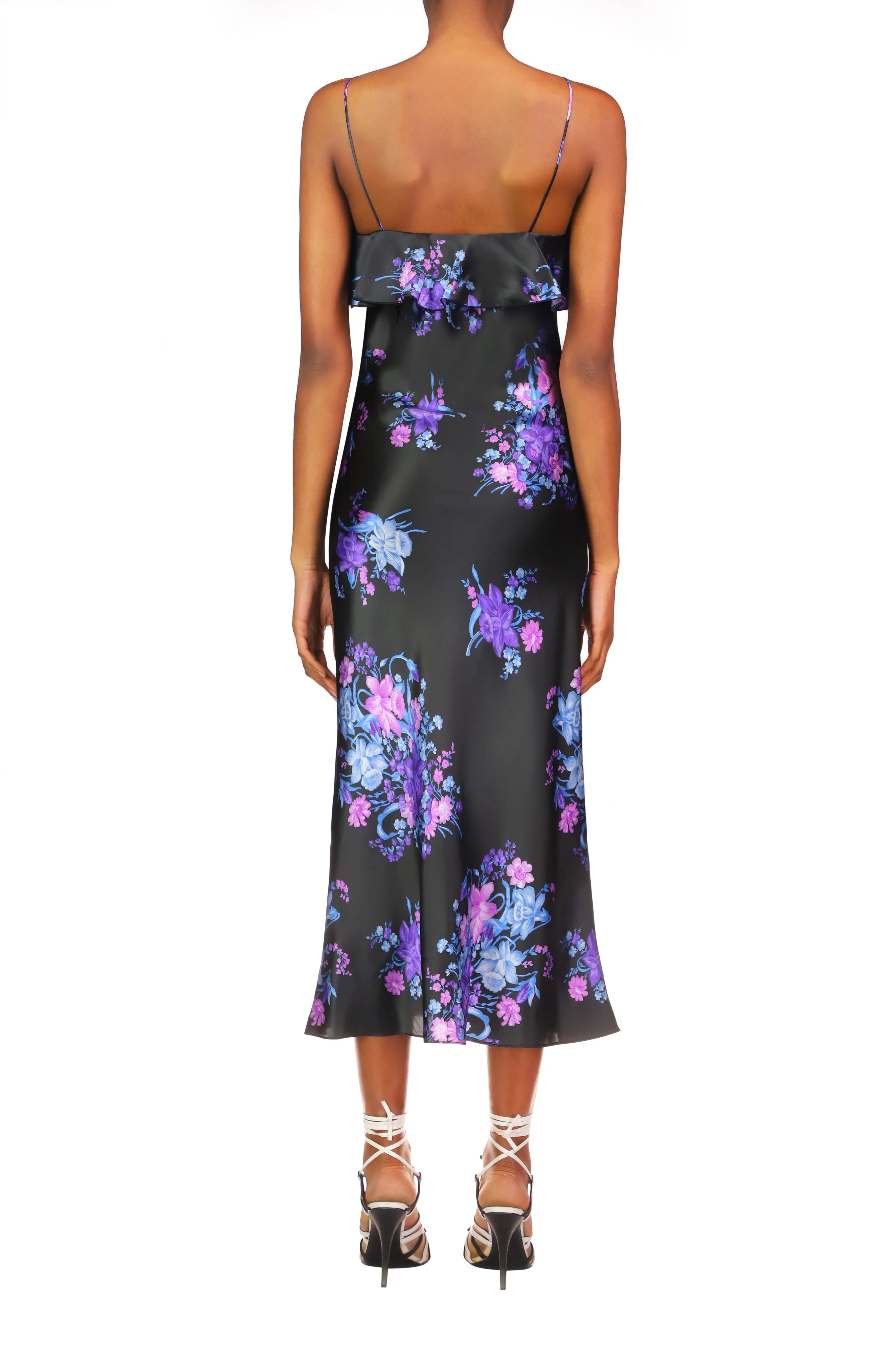 Floral Printed Satin Charmeuse Bias Slip Dress With Ruffle And Silk Flower Detail