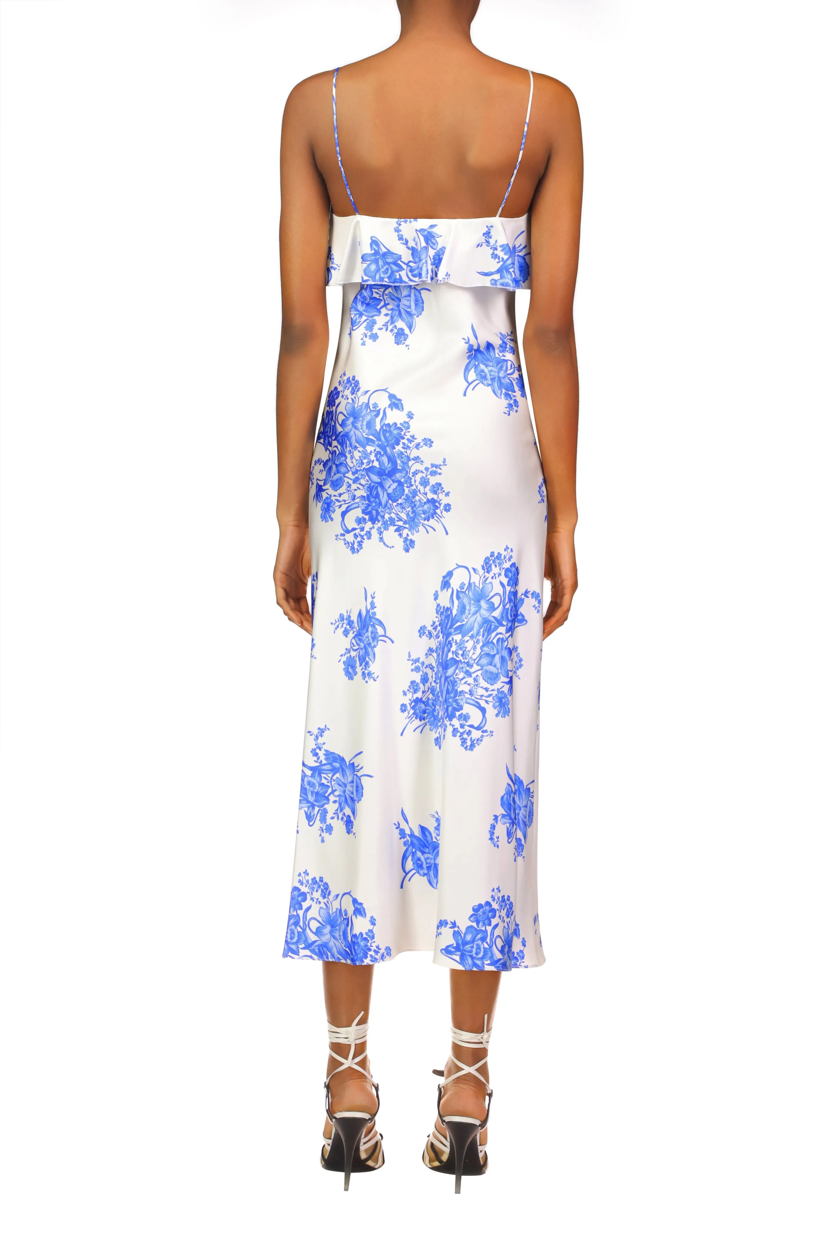 Floral Printed Silk Twill Bias Slip Dress With Ruffle And Silk Flower Detail