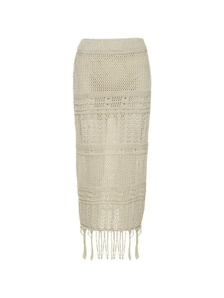 Fringed Crochet Hollow Knit Long Skirt