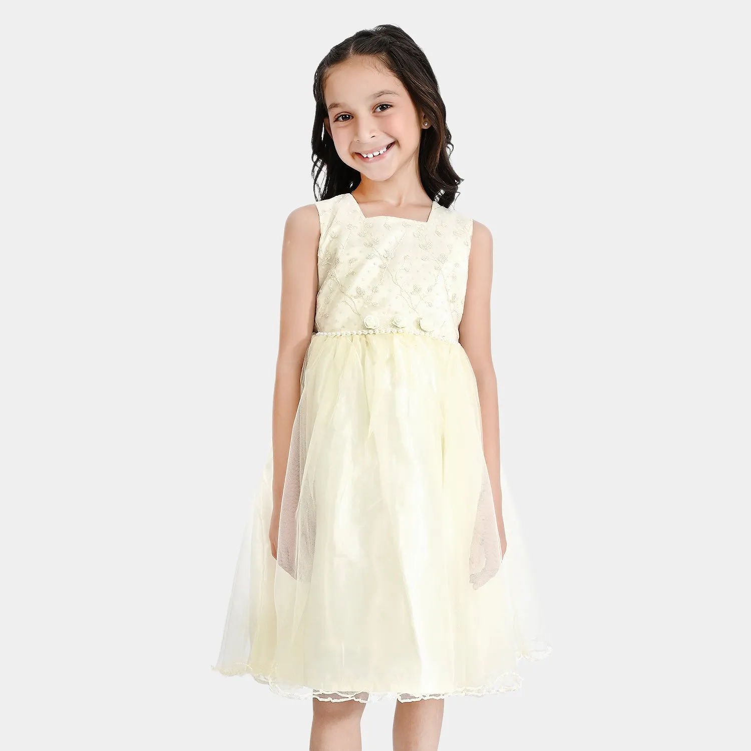 Girls Poly Satin Fancy Frock Little Shine-Cream