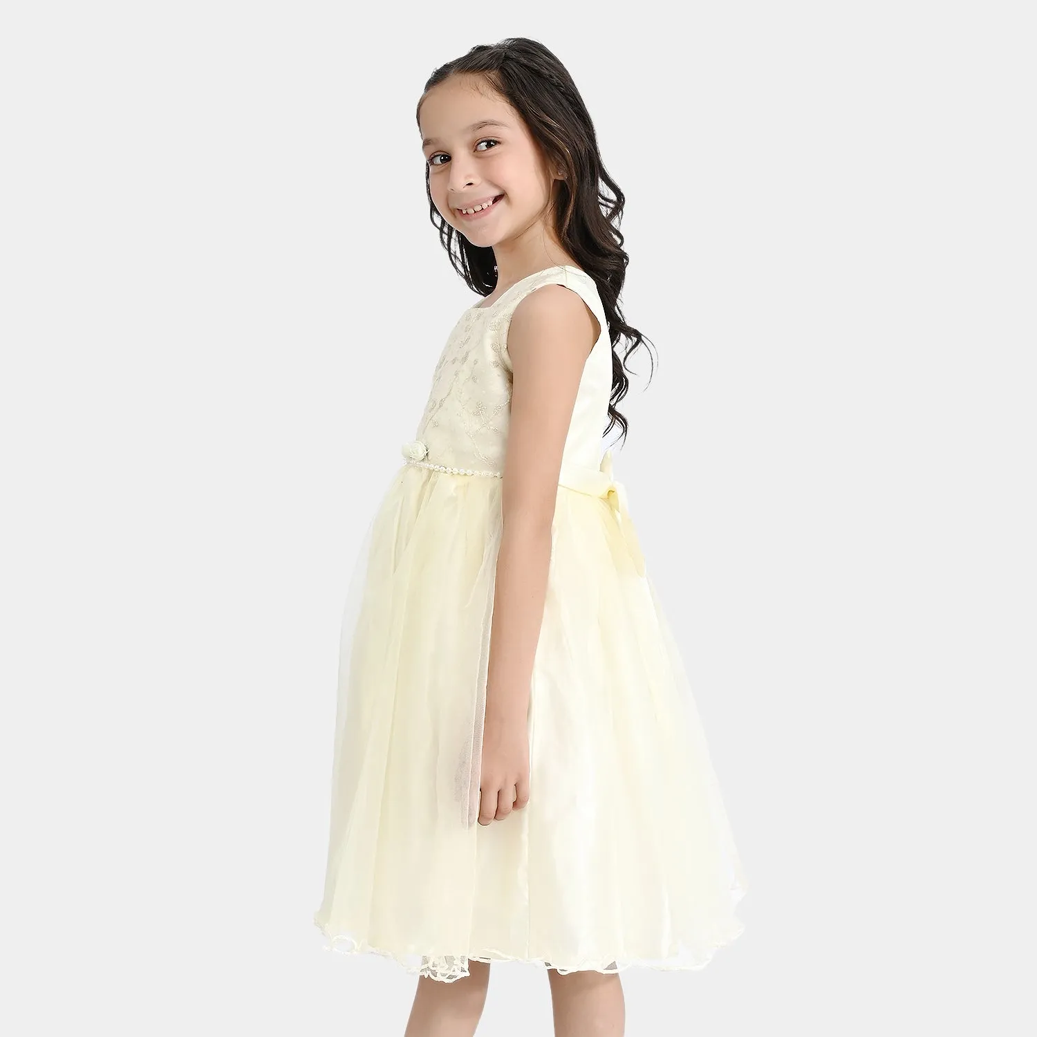 Girls Poly Satin Fancy Frock Little Shine-Cream