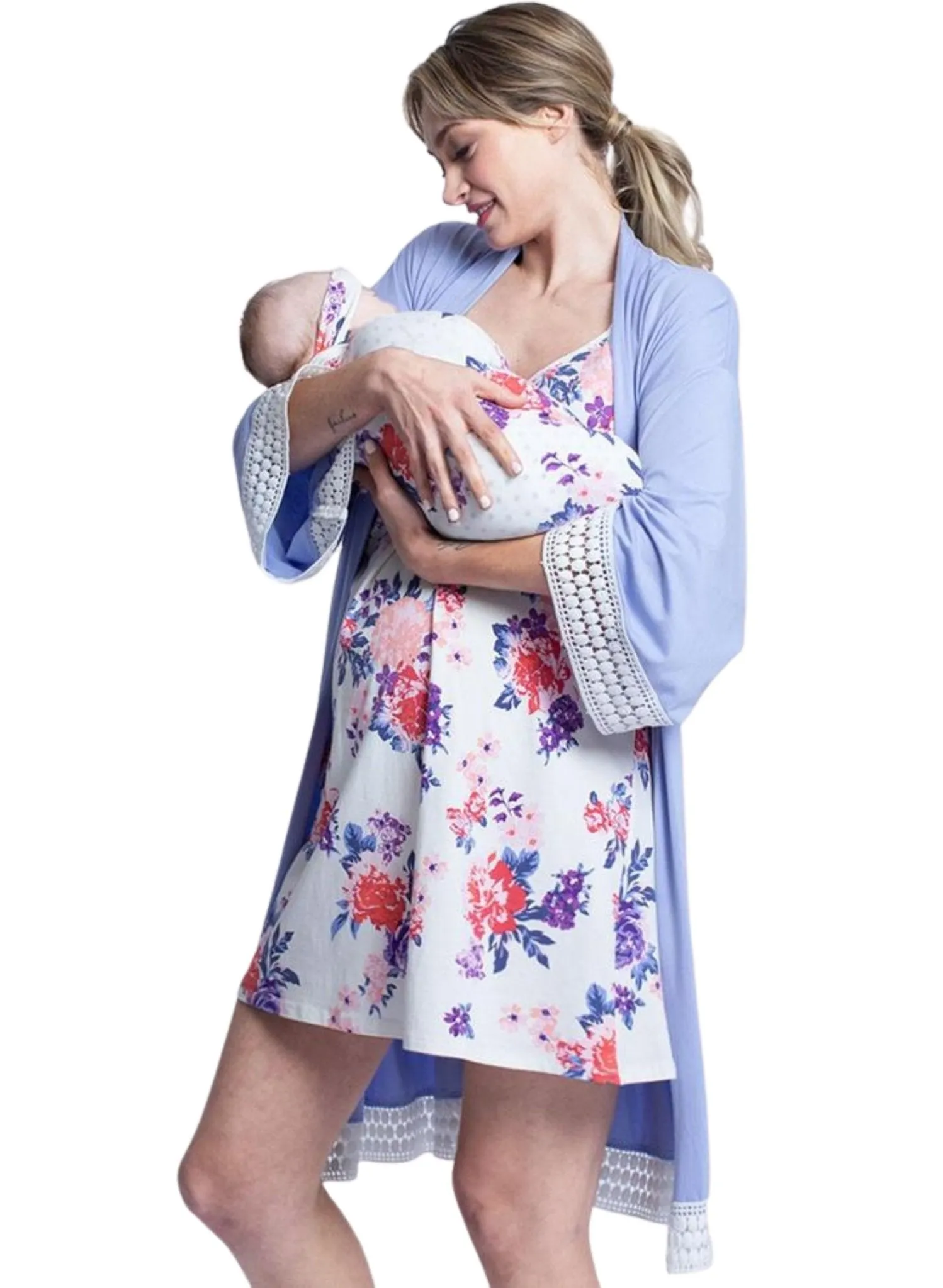 Hospital Pack Nursing Dress   Robe - Blue Pink