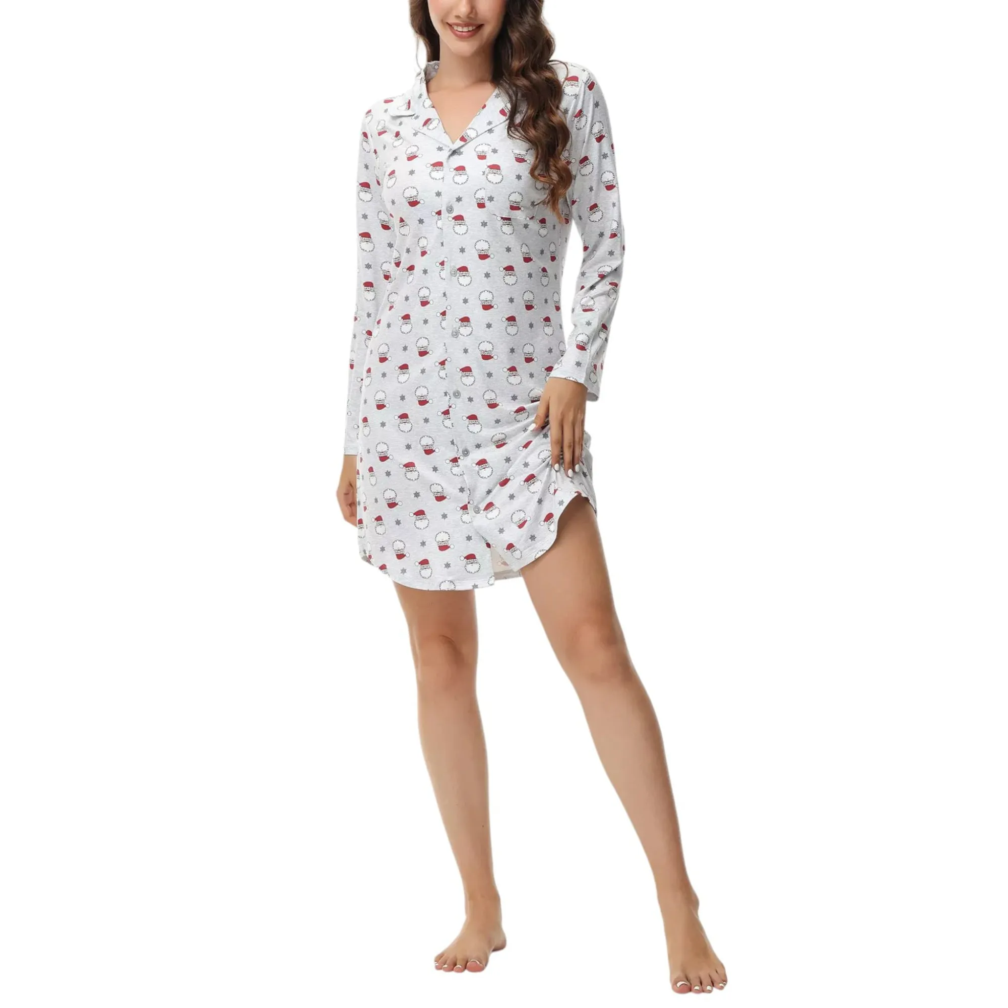 INK   IVY Women's Long Sleeve Christmas Print Notch Collar Sleepshirt Nightgown