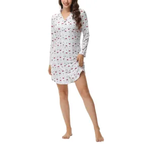 INK   IVY Women's Long Sleeve Christmas Print Notch Collar Sleepshirt Nightgown