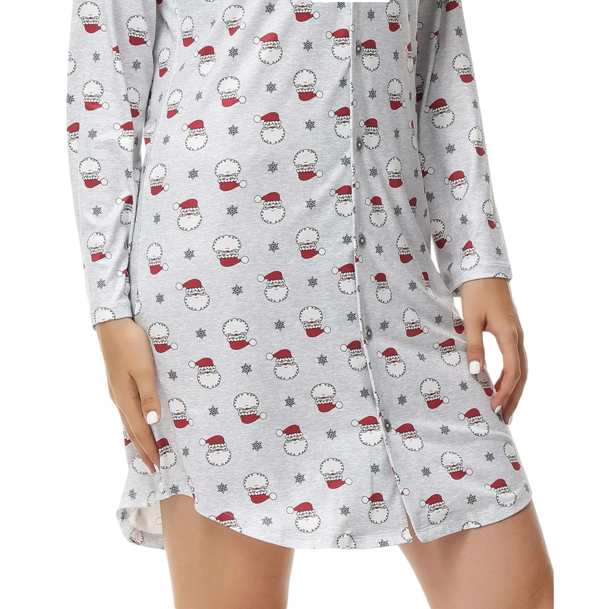 INK   IVY Women's Long Sleeve Christmas Print Notch Collar Sleepshirt Nightgown