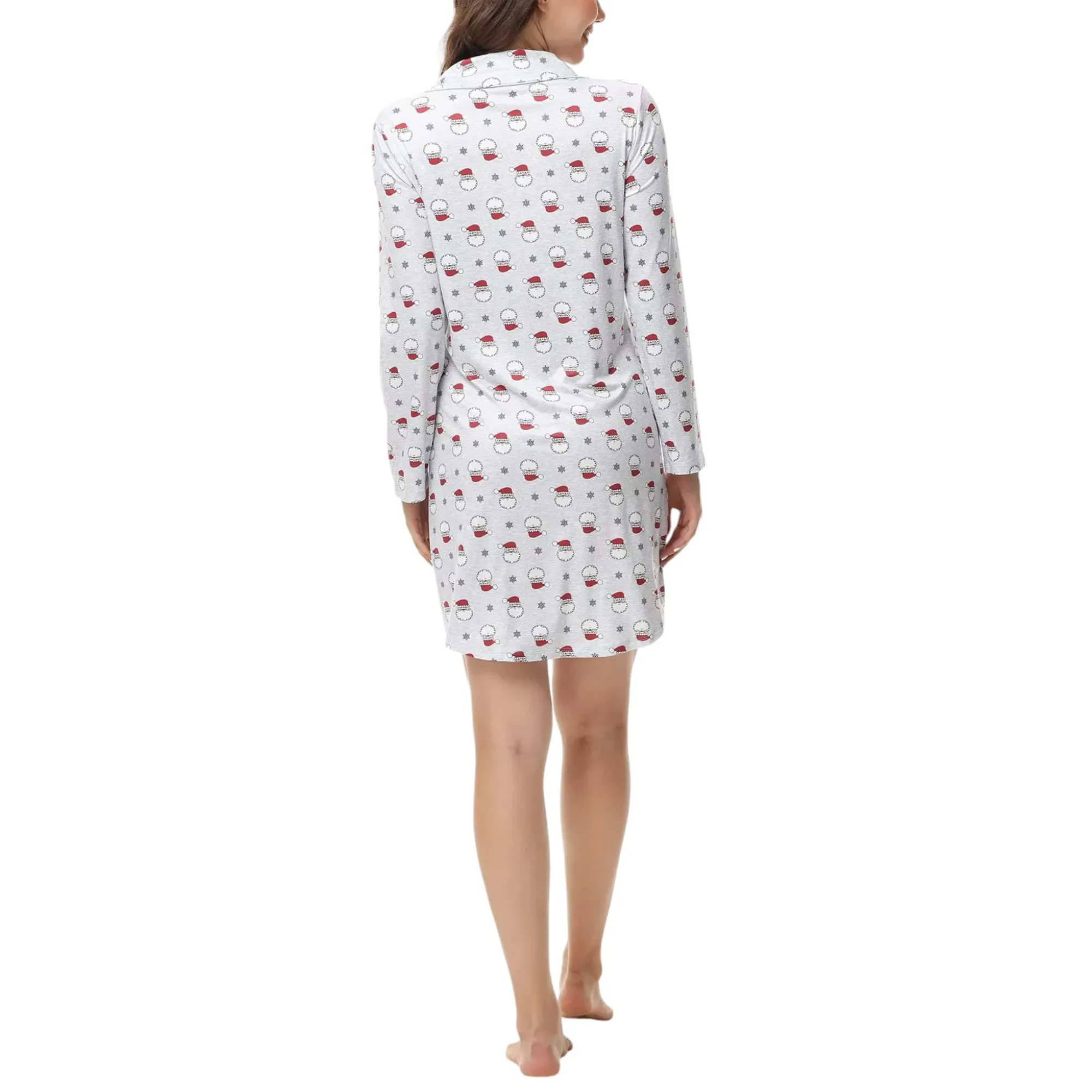 INK   IVY Women's Long Sleeve Christmas Print Notch Collar Sleepshirt Nightgown