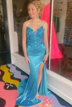 Loey | Mermaid V Neck Blue Satin Mermaid Prom Dress with Slit