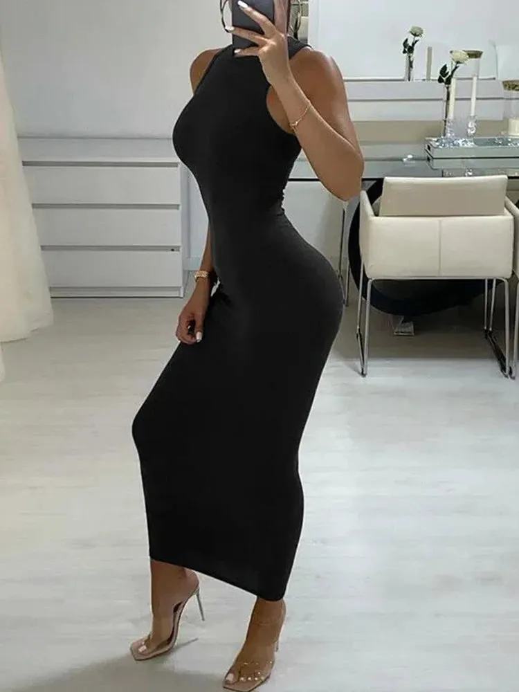 LVSANW CNYISHE Ribbed Knitted Autumn Black Maxi Dress Women 2024 Sexy Party Bodycon Long Dress Round Neck Tight Dresses Robes Sundress