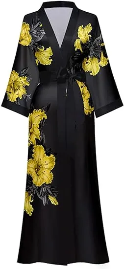 MEDUOLA Women Long Satin dressing gown Silky Kimono Floral Robe Printed Kimono Cardigan lightweight For Bridal Dressing Gowns Party