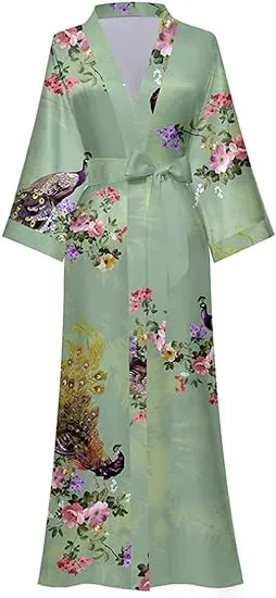 MEDUOLA Women Long Satin dressing gown Silky Kimono Floral Robe Printed Kimono Cardigan lightweight For Bridal Dressing Gowns Party