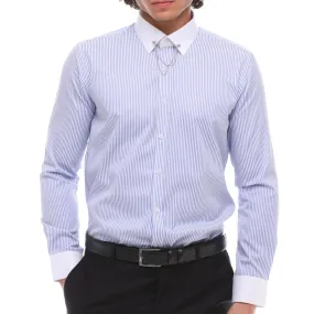 Men's Stripe Button Down Poplin Shirt With Bar & Chain Formal Classic